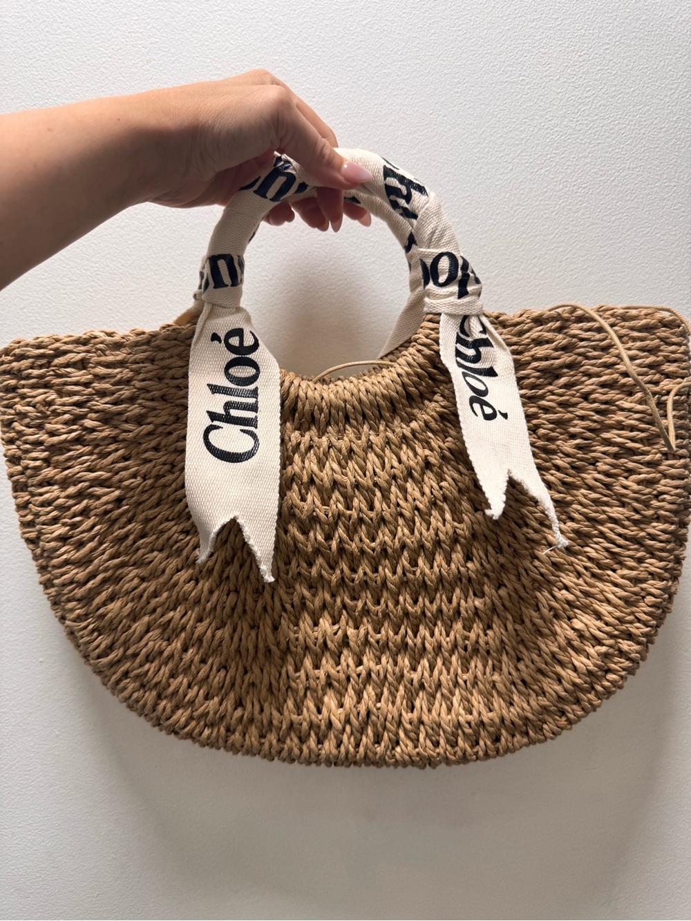 Chloé Straw Woven Tote with Ivory Logo Scarf Handles